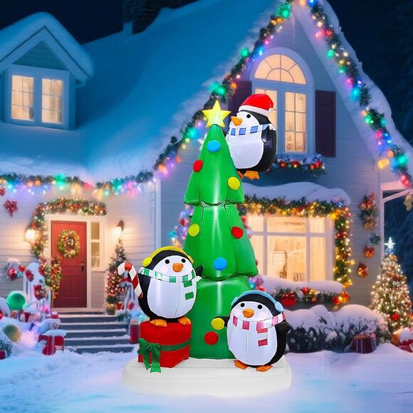🆕8FT Christmas Inflatables Tree with Penguins Placing Star Outdoor Decorations - Picture 8 of 9